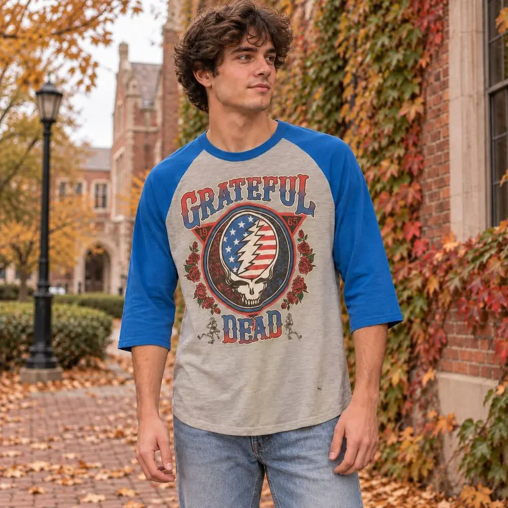 Grateful Dead Raglan 3/4 Sleeve Shirt Size Large Steal Your Face 1965 Baseball